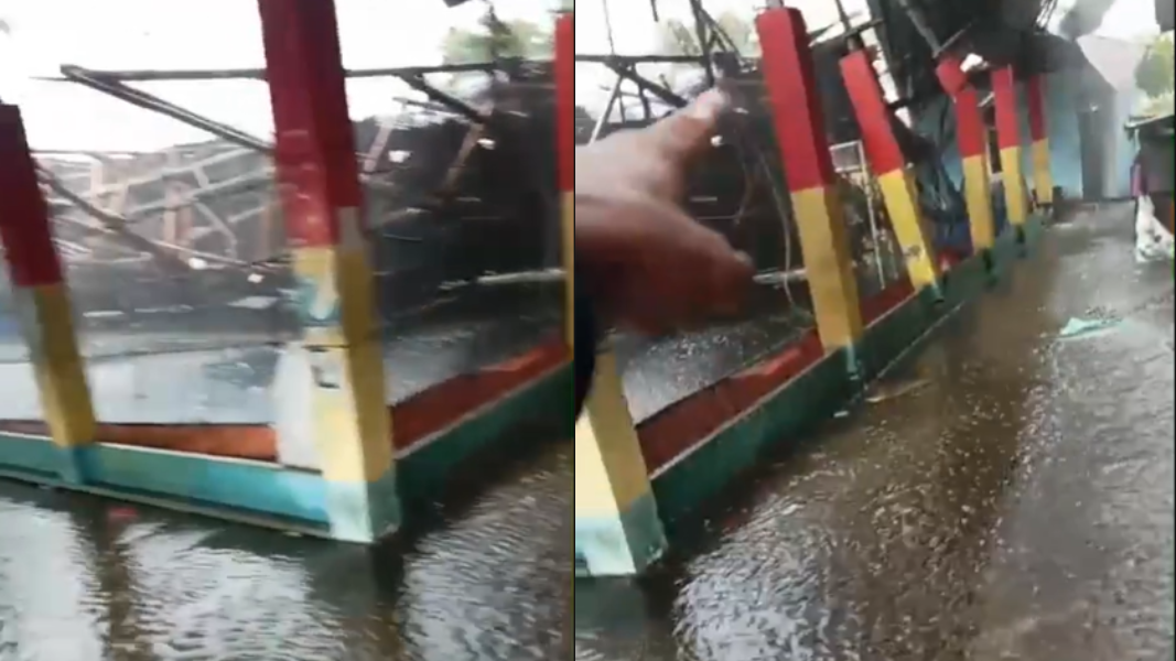 Foto yang memperlihatkan puing-puing atap dan tiang baja yang runtuh di area lapangan futsal Safani Pontianak. (Dok. Ist)