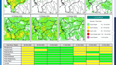 Grafis prakiraan potensi hujan harian di wilayah Kalimantan Barat untuk periode 7-13 Oktober 2025 yang dirilis secara resmi oleh BMKG.