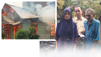 Camat Benua Kayong, Hairol Raji, saat meninjau lokasi dan menyerahkan bantuan kepada Pak Amat, pemilik rumah yang terbakar di Tuan-Tuan. (Dok. Kolase Foto/Faktakalbar.id)