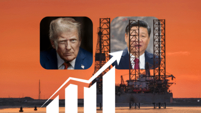 Ilustrasi harga minyak dunia yang menguat, ditandai dengan grafik naik dan bendera AS serta China sebagai latar belakang. (Dok. Ilustrasi/Faktakalbar.id)