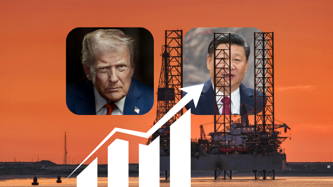 Ilustrasi harga minyak dunia yang menguat, ditandai dengan grafik naik dan bendera AS serta China sebagai latar belakang. (Dok. Ilustrasi/Faktakalbar.id)