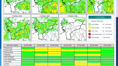 Grafis prakiraan potensi hujan harian Kalimantan Barat untuk tanggal (3/10/2025), yang menunjukkan sebagian besar wilayah berpotensi mengalami hujan dengan intensitas ringan hingga sedang. (Sumber: BMKG Kalbar)