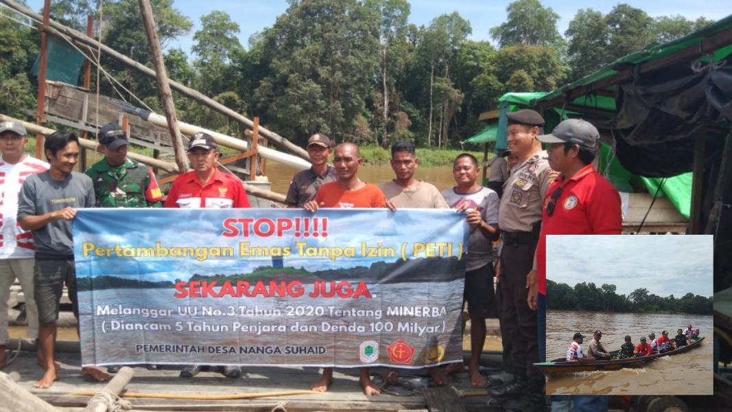 Petugas gabungan dari Polsek Suhaid, Koramil Suhaid, dan unsur pemerintah desa memasang spanduk peringatan dan memberikan sosialisasi langsung kepada masyarakat terkait bahaya Pertambangan Emas Tanpa Izin (PETI) di wilayah Sungai Batang Suhaid, Kapuas Hulu. (Dok. HO/Faktakalbar.id)