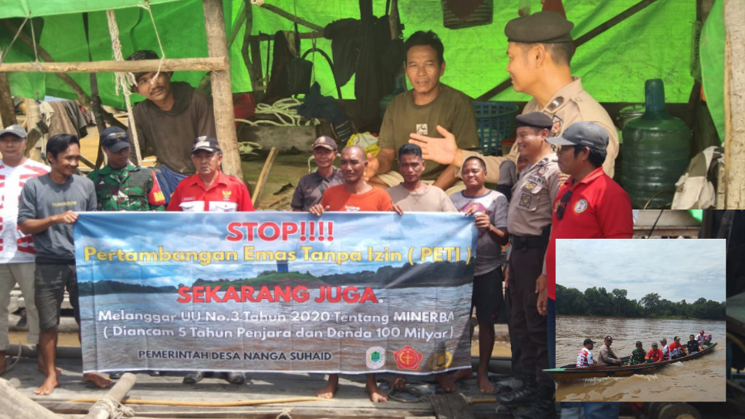 Personel gabungan Polsek Suhaid dan Forkopimcam saat melakukan patroli dan sosialisasi PETI di Sungai Batang Suhaid. (Dok. HO/Faktakalbar.id)