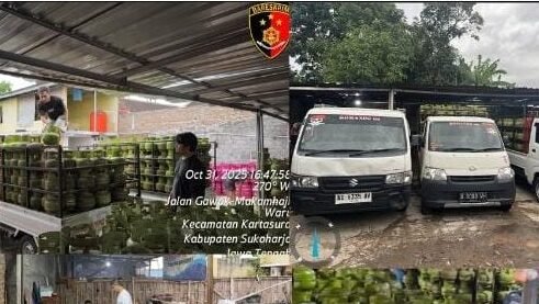 Barang bukti ribuan tabung gas subsidi 3 kg dan tabung non-subsidi beserta kendaraan pickup yang disita Dittipidter Bareskrim Polri dari lokasi penggerebekan di Sukoharjo, Jumat (31/10/2025).
