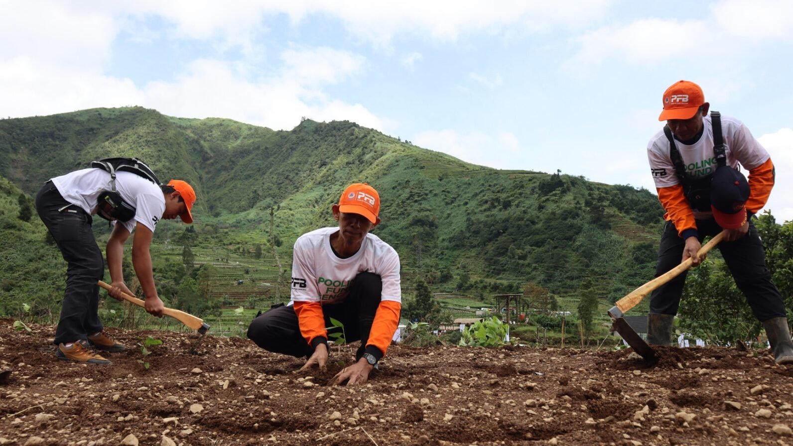 Beberapa relawan dari warga setempat melakukan penanaman bibit pohon sebagai upaya mitigasi vegetasi di wilayah Desa Mlandi, Kecamatan Garung, Kabupaten Wonosobo, pada Jumat (21/11).