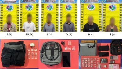 Enam tersangka dan barang bukti hasil pengungkapan kasus narkoba di Mapolsek Sanggau, Selasa (25/11/2025).