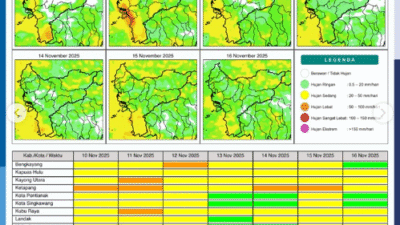 Infografis potensi hujan harian di Kalimantan Barat untuk periode 10-16 November 2025 yang dirilis BMKG. (Sumber: BMKG Kalbar)