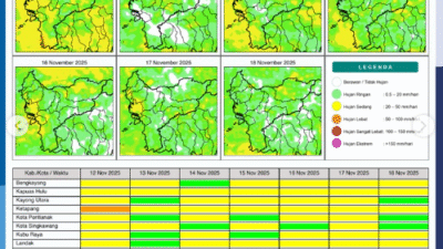 Infografis potensi hujan harian di Kalimantan Barat untuk periode 12 November hingga 18 November 2025.