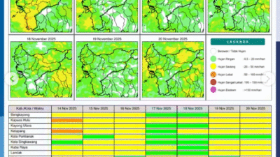 Infografis potensi hujan harian di Kalimantan Barat untuk periode 14-20 November 2025.