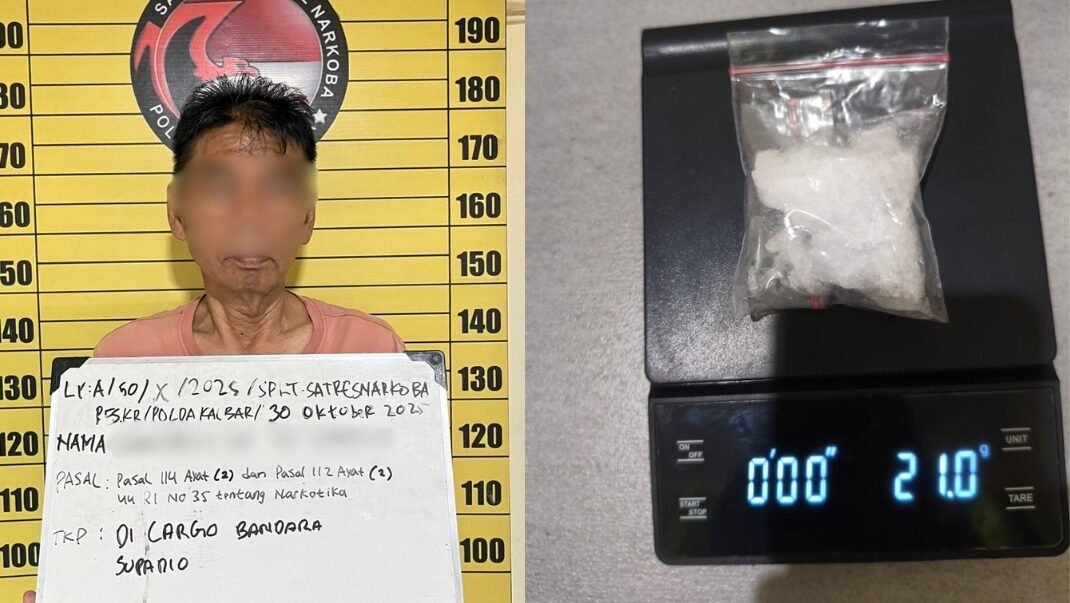 Tersangka SN alias AAK (61) (kiri) diamankan Satresnarkoba Polres Kubu Raya beserta barang bukti 21 gram sabu yang akan dikirim ke Surabaya melalui kargo Bandara Supadio (kanan). Foto: HO/Faktakalbar.id
