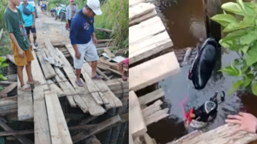 Kondisi jembatan rusak parah di Meranti (kiri) sepeda motor milik warga yang terperosok ke sungai (kanan). (Dok. Ist)