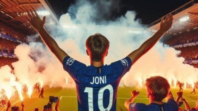 lustrasi penggemar sepak bola yang menunjukkan ekspresi emosional saat menonton pertandingan tim favoritnya.