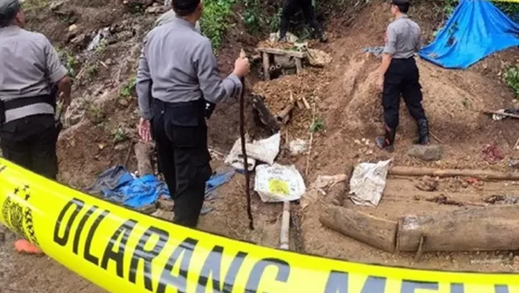 Petugas gabungan dari Kementerian Kehutanan dan aparat keamanan saat melakukan penutupan lubang tambang emas ilegal di kawasan Taman Nasional Gunung Halimun Salak, Sukabumi, Kamis (20/11/2025).