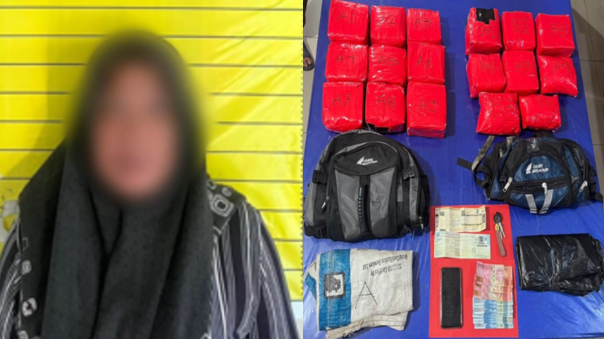 Tersangka HM (kiri) dan barang bukti 18,5 kg sabu yang diamankan dalam dua tas ransel oleh tim gabungan Polres Sanggau di Beduai, Sabtu (1/11/2025). (Foto: Istimewa/Polres Sanggau)