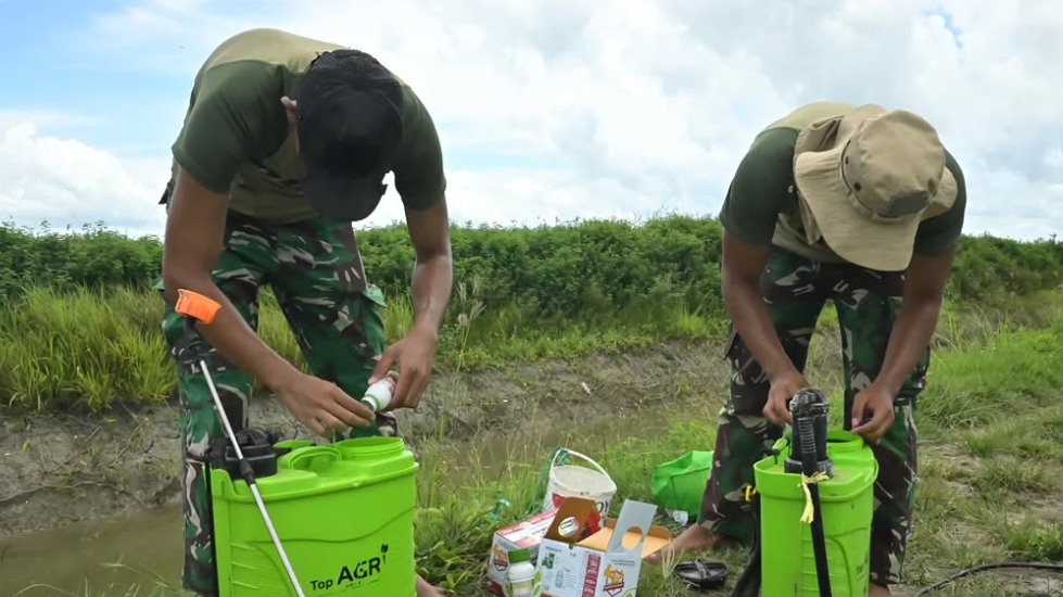 personel TNI bersama Kemenhan dalam program ketahanan pangan di lahan pertanian strategis. (Dok. Instagram/@kemhan_RI)