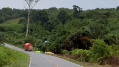 Sebuah truk yang terperosok dan masuk ke jurang di ruas jalan lintas Balai Semandang, dekat Simpang 2. (Dok. Ist)