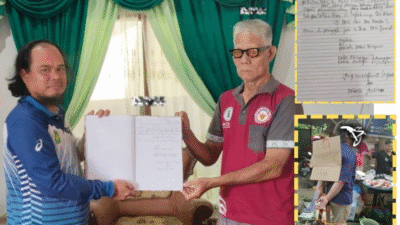 Kolase foto: Kiri, Ahli waris keluarga pelaku pencurian ikan, Frans Yodian (kiri), menyerahkan berkas laporan adat kepada pengurus adat Desa Hilir Kantor. Kanan, foto pelaku saat diikat di pasar dan surat laporan. (Dok. Ist)