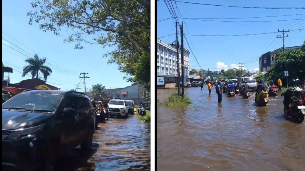 Kolase foto suasana banjir rob di kawasan Jalan Jembatan Pawan 1 Ketapang, yang menunjukkan mobil dan motor menerobos genangan air di jalan raya. (Dok. Ist)