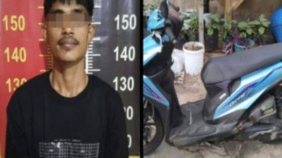 Tersangka curanmor berinisial AS (kiri) diamankan oleh Tim Beruang Polsek Pontianak Timur beserta barang bukti sepeda motor hasil curian. (Dok. Ist)