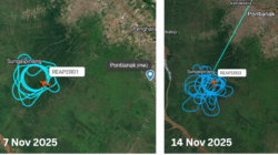 Kolase peta pelacak penerbangan (flight tracker) yang menunjukkan aktivitas drone TNI AU Anka-S dengan callsign REAPER01 dan REAPER03 di atas Sungaipinang pada 7 dan 14 November 2025. (Dok. Faktakalbar.id)