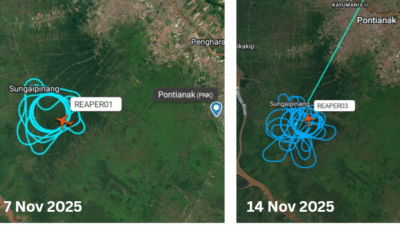Kolase peta pelacak penerbangan (flight tracker) yang menunjukkan aktivitas drone TNI AU Anka-S dengan callsign REAPER01 dan REAPER03 di atas Sungaipinang pada 7 dan 14 November 2025. (Dok. Faktakalbar.id)