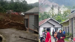 Kolase foto dampak longsor di Banjarnegara, menunjukkan rumah warga yang tertimbun material longsor (kiri) dan yang panik di lokasi kejadian (kanan). (Dok. HO/Faktakalbar.id)