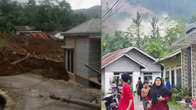 Kolase foto dampak longsor di Banjarnegara, menunjukkan rumah warga yang tertimbun material longsor (kiri) dan yang panik di lokasi kejadian (kanan). (Dok. HO/Faktakalbar.id)