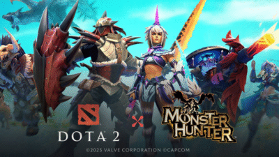Key art promosi kolaborasi Dota 2 dan Monster Hunter, menampilkan hero Dota 2 yang mengenakan armor khas Monster Hunter. (Dok. Dota 2)