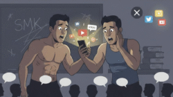 Ilustrasi viral dua pria melihat ponsel dengan latar belakang kelas SMK dan ikon media sosial yang menggambarkan kehebohan publik. (Dok. Ilustrasi/Faktakalbar.id)