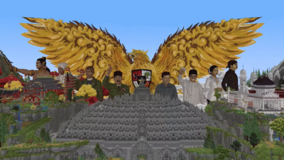 Mahakarya tim builder Indonesia di kompetisi Minecraft MrBeast, menampilkan Candi Borobudur, Garuda raksasa, dan para pahlawan nasional. (Dok. Youtube/MrBeast Gaming)