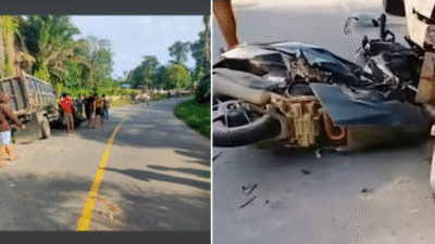 Kondisi sepeda motor siswa SMK 1 Mandor yang ringsek parah usai bertabrakan dengan dump truk di depan Gereja PPIK Sebadu, Kabupaten Landak. (Dok. Ist)