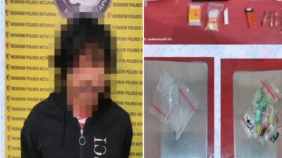 Tersangka R (35) pengedar narkoba beserta barang bukti sabu dan 9 butir pil ekstasi yang diamankan Satresnarkoba Polres Ketapang di Jembatan Sungai Tengar. (Dok. Polres Ketapang)