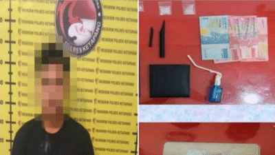 Tersangka penyalahgunaan narkoba berinisial UW beserta barang bukti sabu dan alat hisap yang diamankan Polsek Marau di Polres Ketapang. (Dok. HO/Faktakalbar.id)