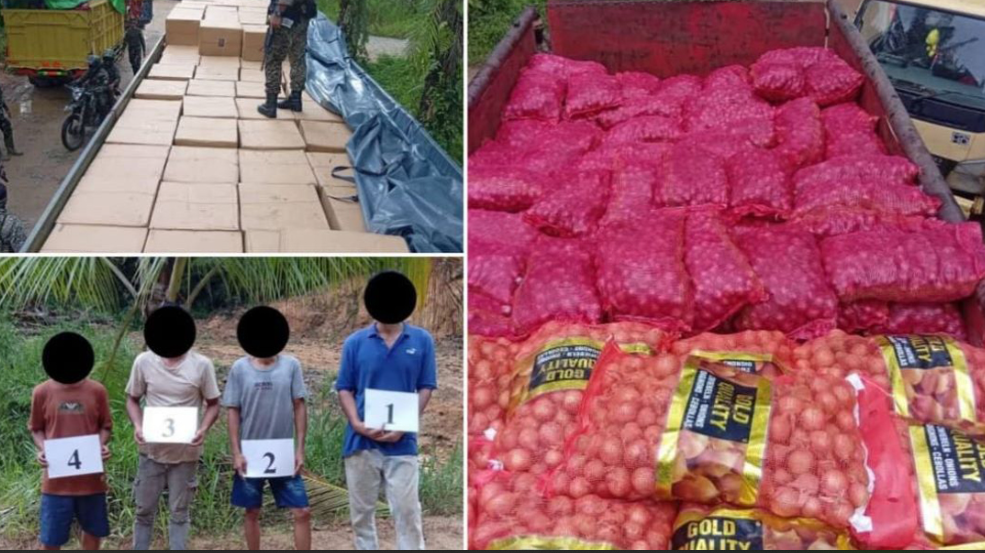 truk bermuatan barang selundupan berupa rokok dan bawang yang diamankan oleh Tentara Darat Malaysia di perbatasan Serikin. (Dok. Ist)