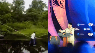 Kolase video viral siswa menyeberang sungai dengan tali di Mempawah dan Presiden Prabowo memberikan arahan tegas saat Puncak Hari Guru Nasional 2025. (Dok. BPMI Setpres)