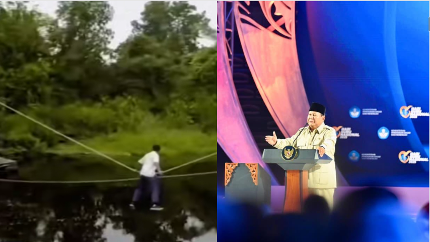 Kolase video viral siswa menyeberang sungai dengan tali di Mempawah dan Presiden Prabowo memberikan arahan tegas saat Puncak Hari Guru Nasional 2025. (Dok. BPMI Setpres)