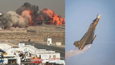 Kobaran api dan asap hitam membumbung tinggi di area runway Dubai Airshow usai jatuhnya pesawat tempur Tejas Mk1A Angkatan Udara India. (Dok. Ist)