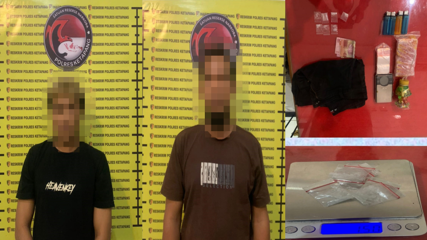 Petugas kepolisian mengamankan barang bukti narkotika jenis sabu beserta alat hisap dan timbangan digital dari dua tersangka di Kecamatan Tumbang Titi, Ketapang, Senin (24/11/2025).