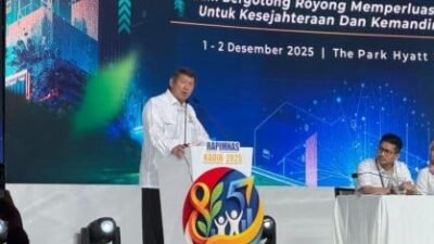 Ketua Dewan Penasihat Kadin Indonesia, Hashim Djojohadikusumo, saat berbicara mengenai potensi tambang uranium dan pemanfaatan tenaga nuklir dalam Rapimnas Kadin di Jakarta, Selasa (2/12/2025).