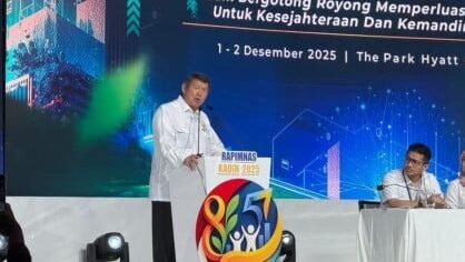 Ketua Dewan Penasihat Kadin Indonesia, Hashim Djojohadikusumo, saat berbicara mengenai potensi tambang uranium dan pemanfaatan tenaga nuklir dalam Rapimnas Kadin di Jakarta, Selasa (2/12/2025).