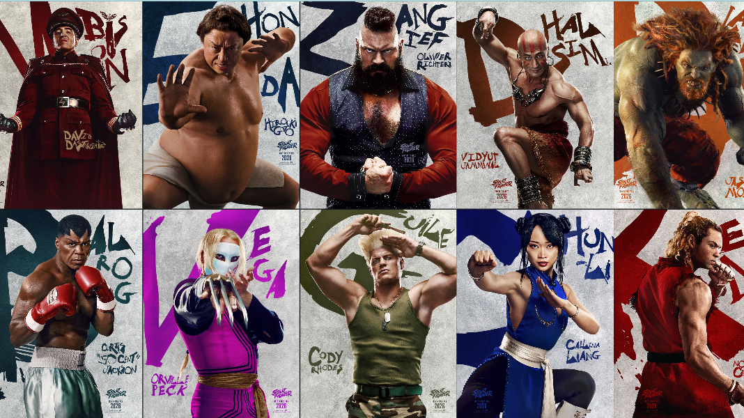 Kolase poster karakter film Street Fighter menampilkan M. Bison, E. Honda, Zangief, Dhalsim, Blanka, Balrog, Vega, Guile, Chun-Li, dan Ken dengan kostum lengkap. (Dok. Instagram/@streetfightermovie)