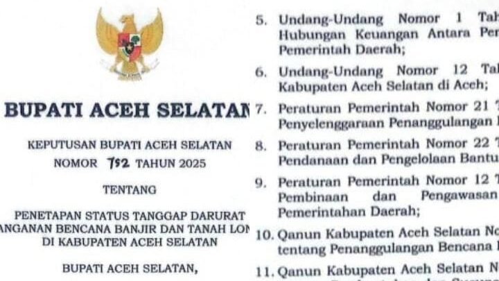 "Pemkab Aceh Selatan tetapkan status tanggap darurat banjir dan longsor selama 14 hari. 11 kecamatan terdampak parah, fokus pada evakuasi dan perbaikan infrastruktur."