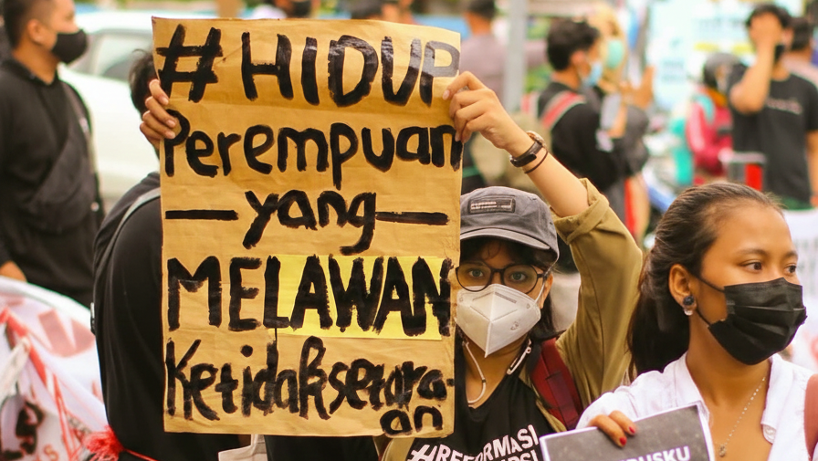 Seorang perempuan memegang poster bertuliskan "Hidup Perempuan yang Melawan Ketidaksetaraan" saat demonstrasi (Dok. Ist)