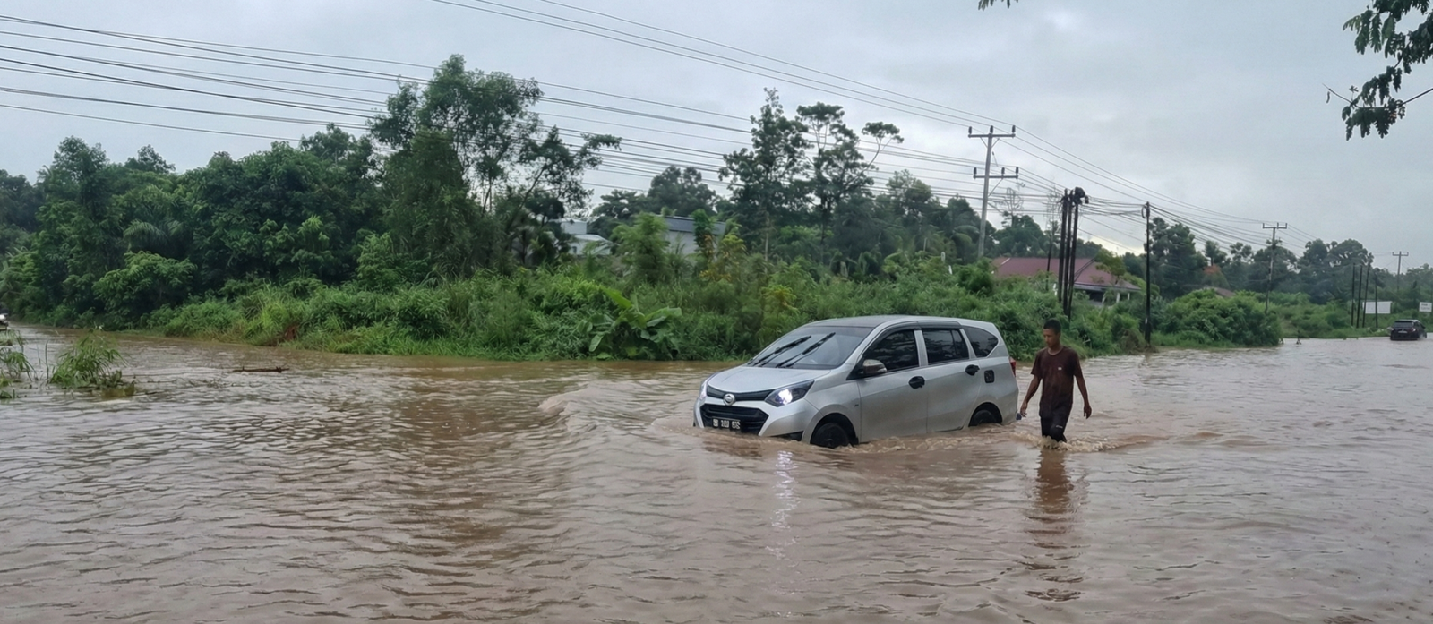 Sebuah mobil menerobos genangan air di Jalan Simpang Empirit, Kabupaten Sanggau. (Dok. Ist)