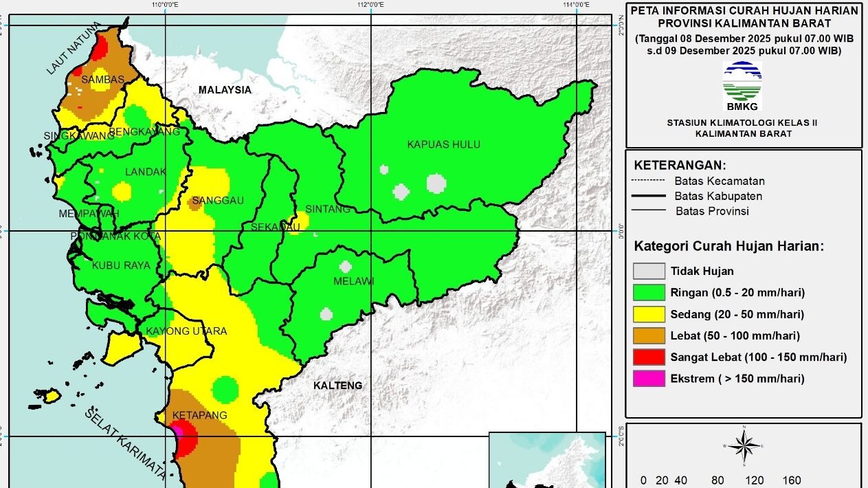 "BMKG Kalbar rilis peringatan dini cuaca ekstrem 8-10 Desember 2025. Hujan lebat dan angin kencang ancam 14 kabupaten/kota. Cek wilayah terdampak."