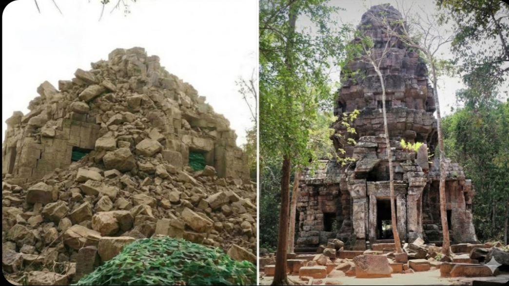 Perbandingan foto Candi Ta Krabey sebelum dan sesudah hancur. Sisi kiri berupa tumpukan batu dan karung pasir, sisi kanan candi berdiri utuh di tengah hutan. (Dok. Ist)