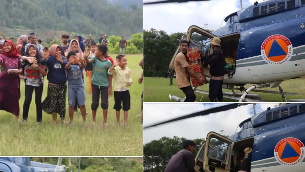 Warga Desa Kuala II Aceh Tengah menyambut gembira kedatangan helikopter BNPB yang membawa bantuan logistik ke wilayah terisolir longsor. (Dok. BNPB)
