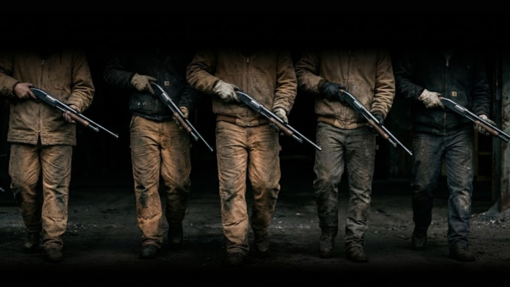 Ilustrasi sekelompok orang berdiri memegang senjata laras panjang dengan latar belakang gelap. (Dok. Ilustrasi/Faktakalbar.id)