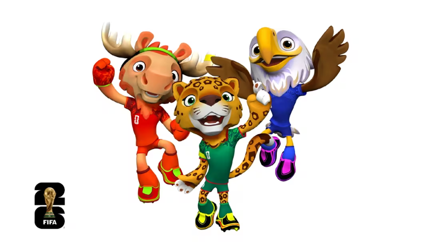 Tiga karakter kartun maskot piala dunia 2026 berupa rusa moose merah, jaguar hijau, dan elang biru berpose bersama logo FIFA 26. (Dok. FIFA)
